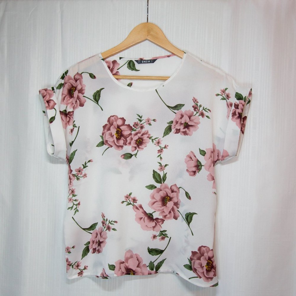 White Shirt with Pink Floral Pattern